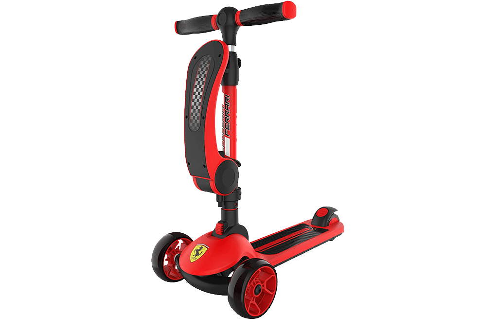 Ferrari 2-in-1 Kids Kick Scooter, Anti Skid 3 Wheel Light Up Push Scooter with Height Adjustable Removable Seat and Shock Absorbing.