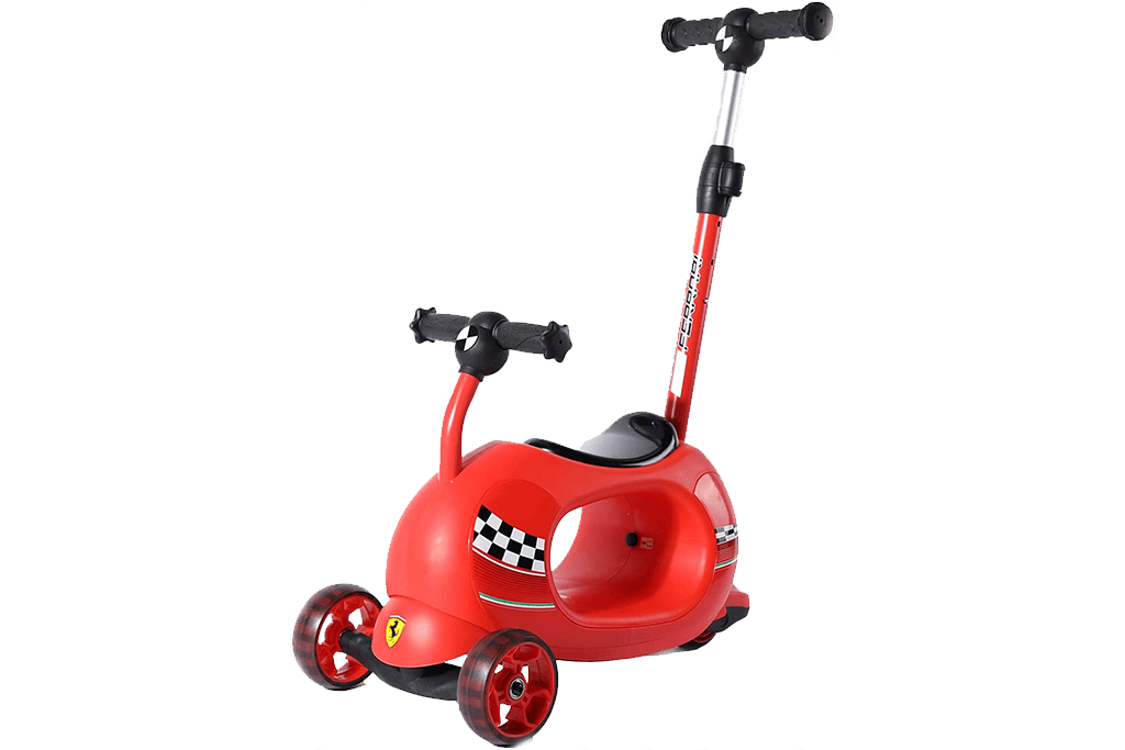 Ferrari 4-in-1 Scooter A- City Trike- B Foot to Floor Enhancing Leg Strength. C 3 Wheels Scooter. D- Rocking Horse - Round Shape Design Creating The Rocking Effect.